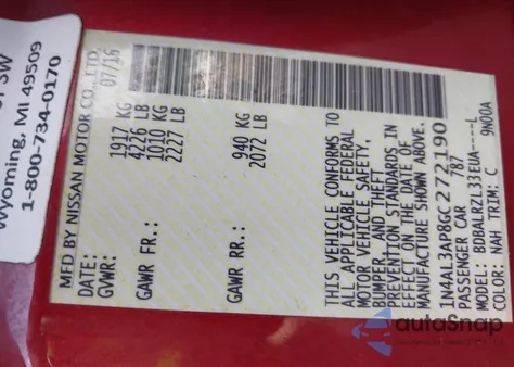 2016 Nissan Altima 2.5 Sl z USA, uszkodzony, nr VIN 1N4AL3AP8GC272190